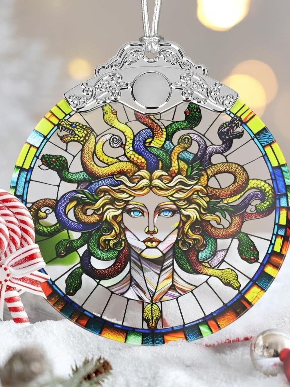 Medusa Stained Glass Hanging Ornament - Green and Multicolor